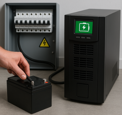 전기 패널 옆에 설치된 비상전원 공급 장치(UPS)와 이를 배터리에 연결하는 손의 모습