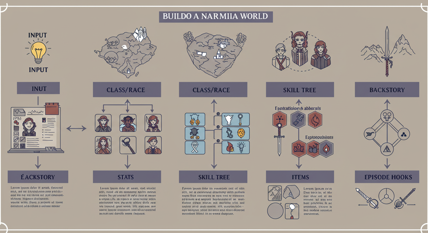 입력&rarr;세계관&rarr;직업/종족&rarr;능력치&rarr;스킬트리&rarr;아이템&rarr;배경서사&rarr;에피소드 훅으로 이어지는 이세계 자동 생성 다이어그램