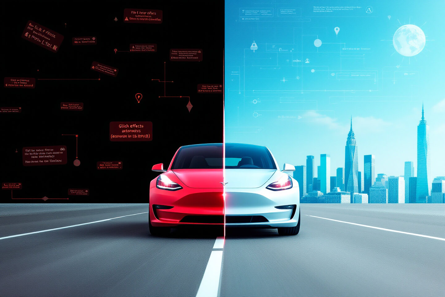 테슬라 차량을 반으로 나누어 한쪽은 어두운 결함 상황(붉은색), 반대쪽은 밝고 성공적인 기술 구현(푸른색)을 표현한 이미지. 배경에는 현대적 도심과 하늘이 기술 발전을 강조함