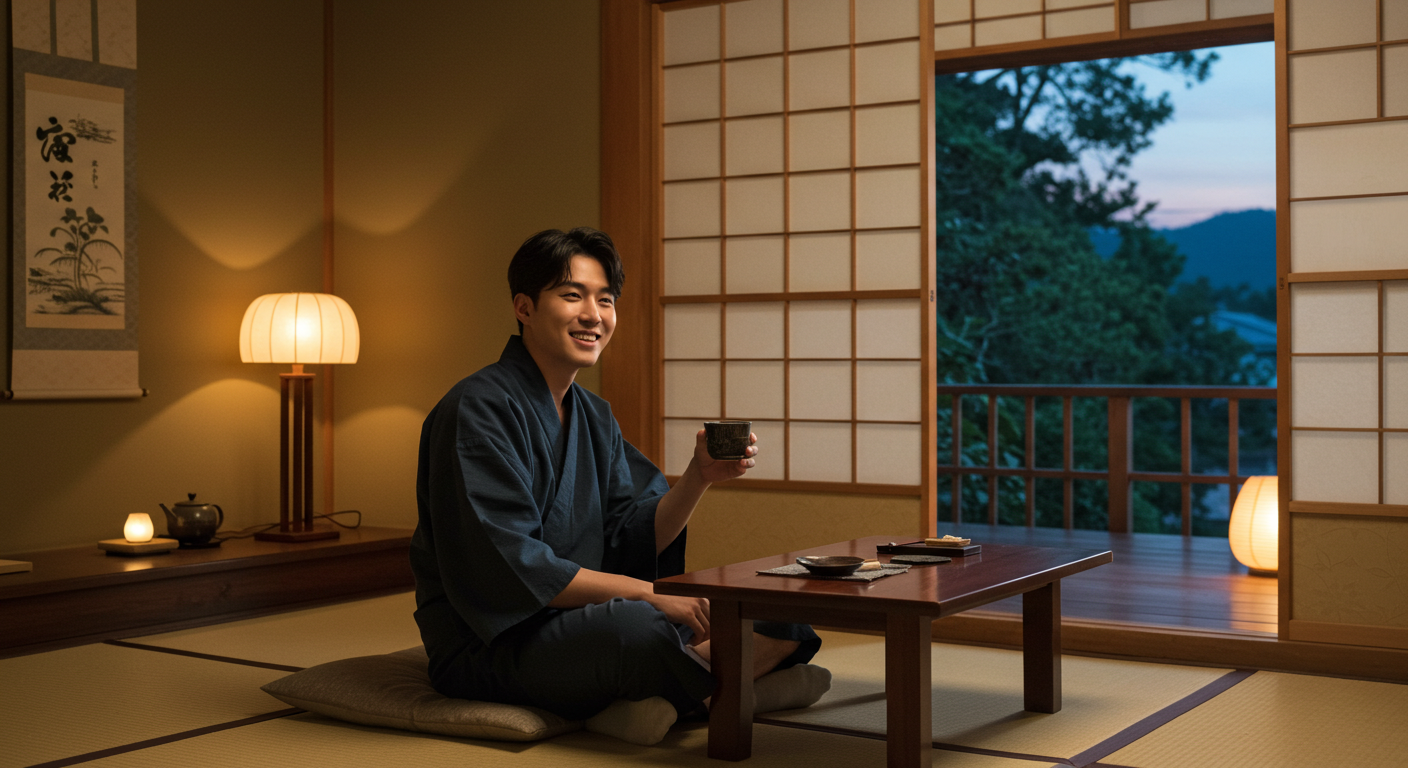 료칸에서 숙박하는 남자