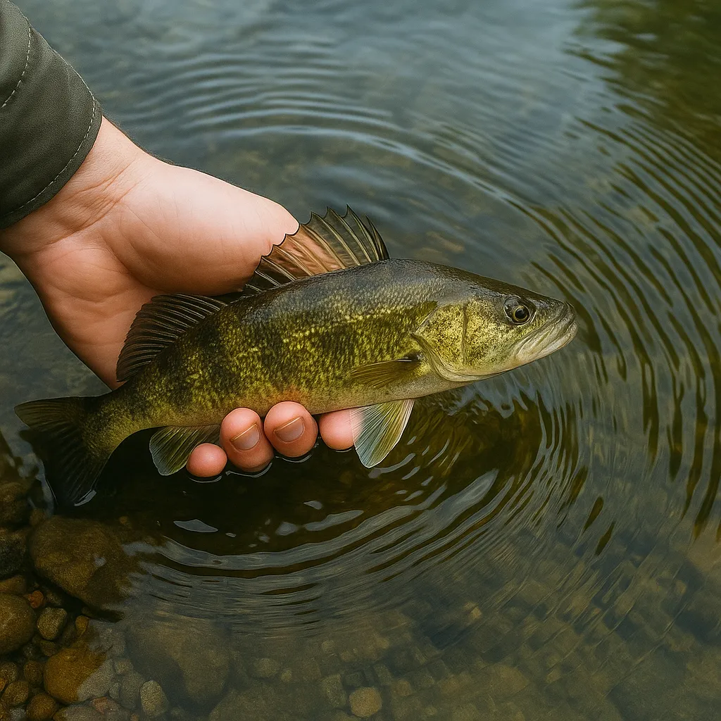 쏘가리를 물속에 방류하는 낚시인의 손