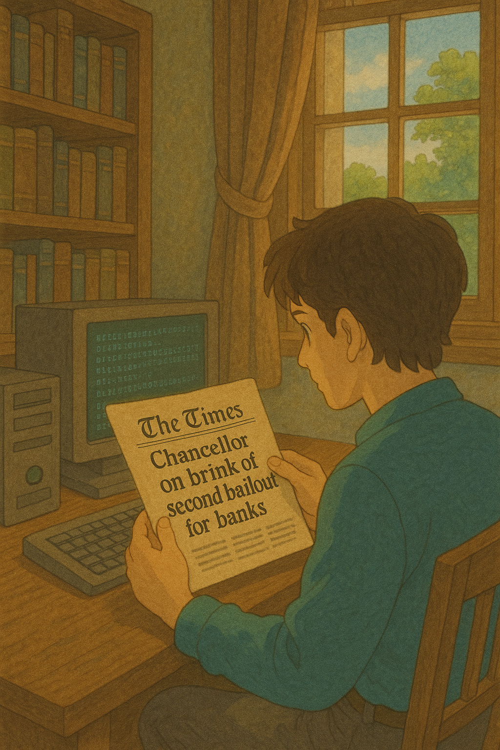 비트코인 첫 채굴 블록에 숨겨진 메시지를 보는 사진