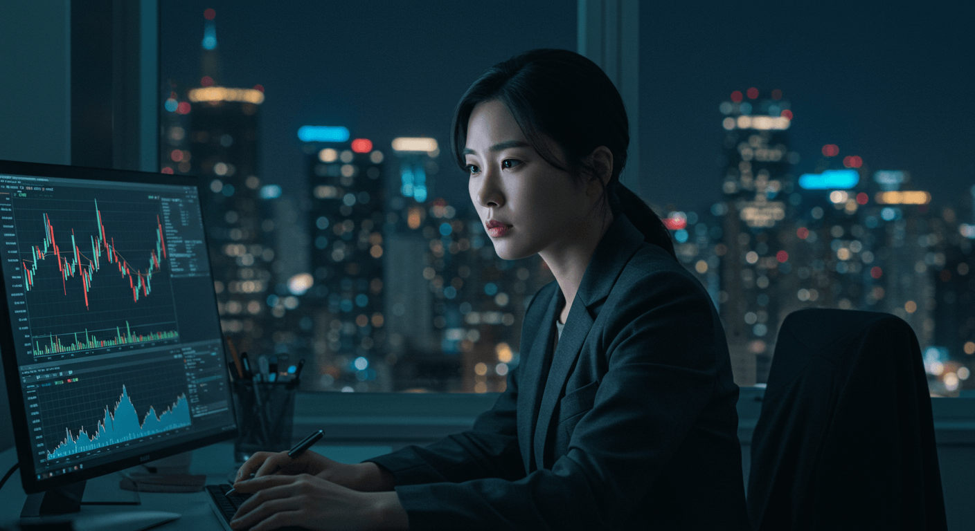한국 여성이 주식 차트를 분석하며 매매 타이밍을 고민하는 장면 3