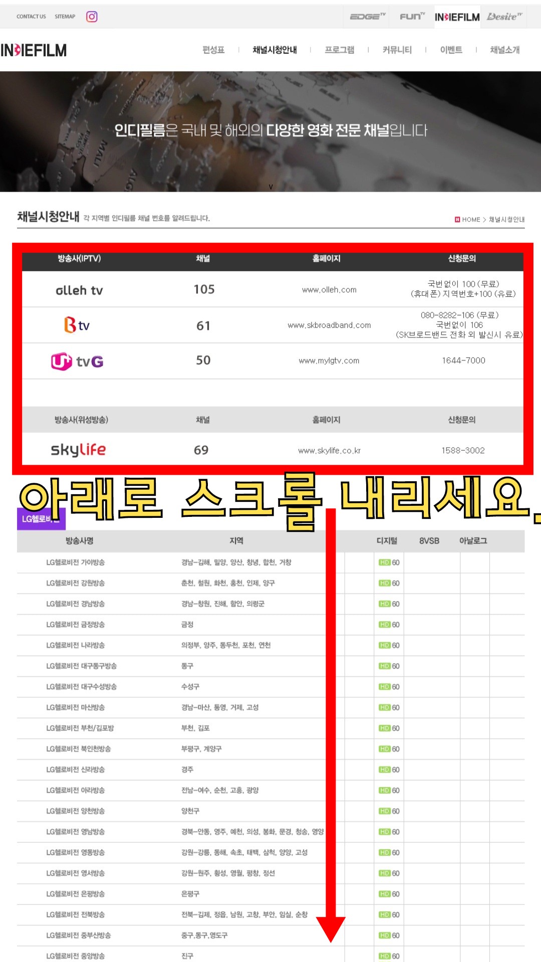 INDIFILM(인디필름)-편성표-및-채널번호-확인-방법-안내-주요-방송사별-인디필름의-채널-번호는-KT-지니TV-105번,-LG-U+-TV-50번,-SK-BTV-61번,-스카이라이프-69번이니-참고-바랍니다.-또한,-채널시청안내-페이지에서-아래로-스크롤을-내리면-LG헬로비전,-SK브로드밴드,-딜라이브,-HCN,-CMB,-단일(지역방송사)의-채널-번호도-확인할-수-있는데요.