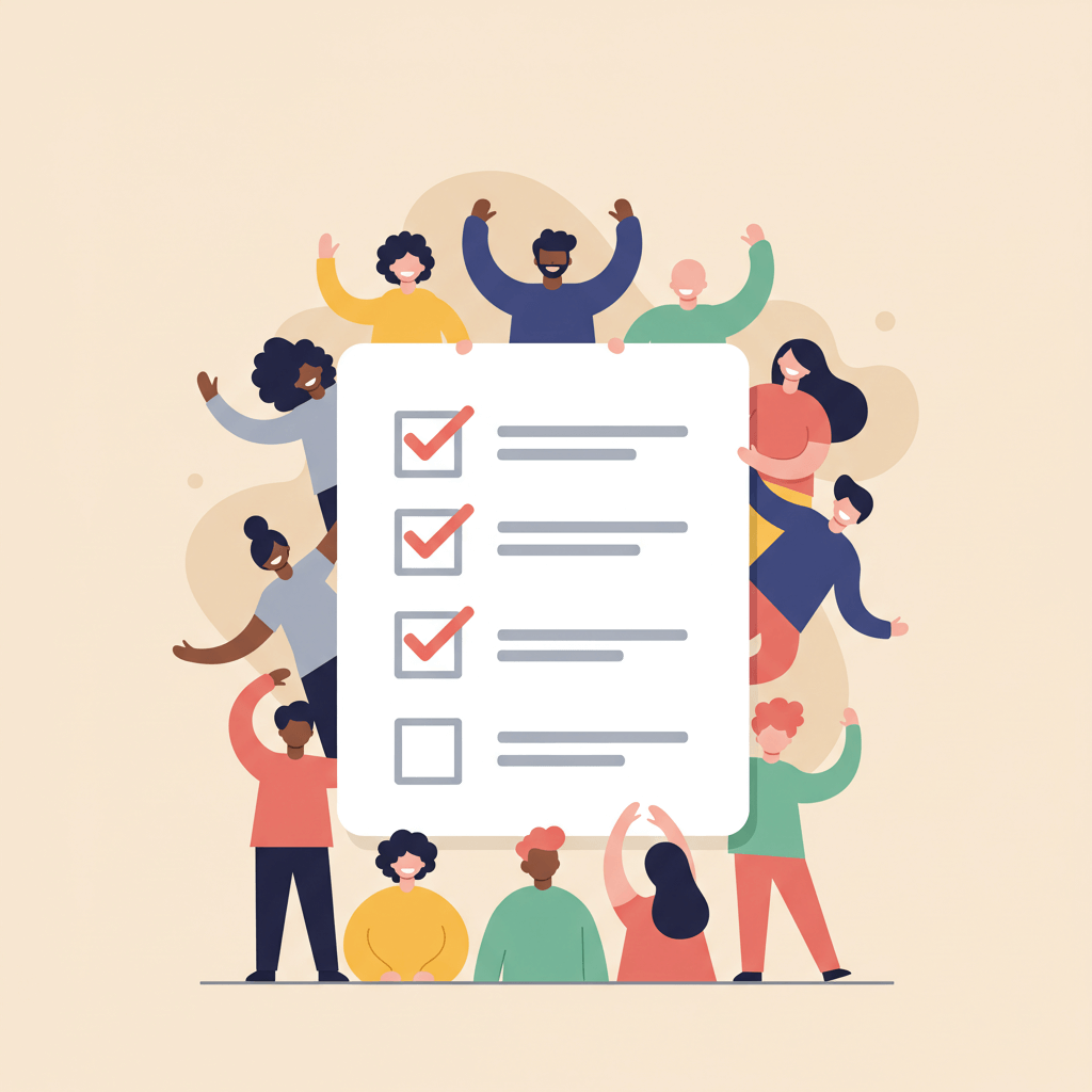 체크리스트와 함께 다양한 시민들이 지원금을 받고 안도하며 기뻐하는 장면