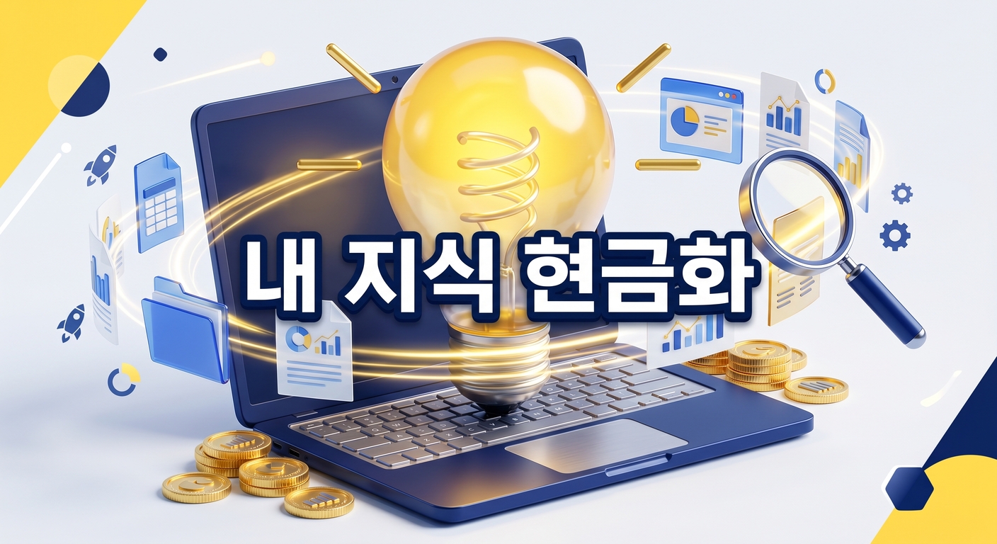 열린 노트북에서 밝게 빛나는 전구가 떠오르고 금화와 디지털 문서, 세련된 돋보기가 주위를 둘러싼 3D 일러스트 배경에, 짙은 그림자와 외곽선으로 선명하게 강조된 '내 지식 현금화'라는 한글 문구가 중앙에 적힌 이미지