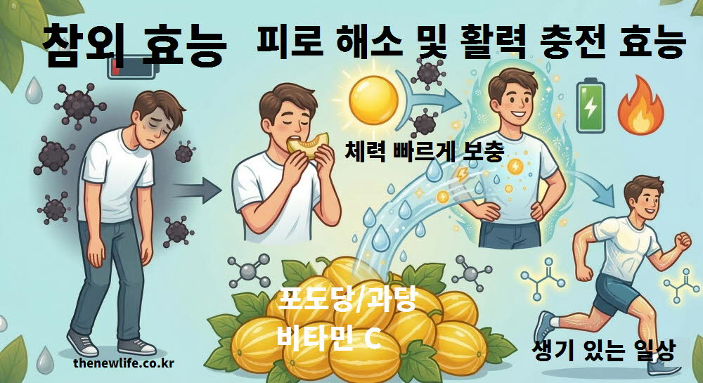참외 효능 중 피로 해소와 활력 충전에 도움이 되는 영양 작용을 설명하는 이미지