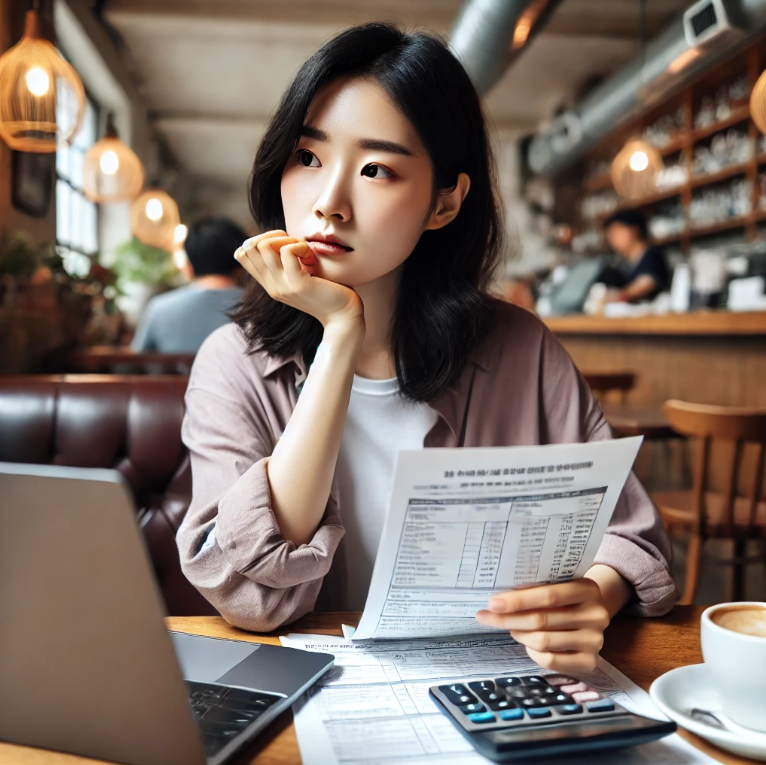 카페에서 노트북을 보며 세금 및 건강보험료를 확인하는 프리랜서의 모습