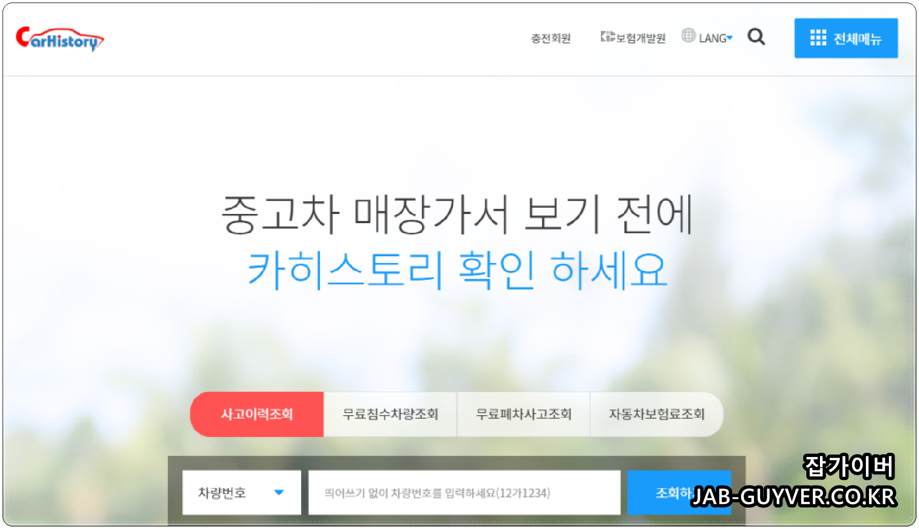 카히스토리 무료 침수차량 조회와 사고이력 보험처리 확인 화면