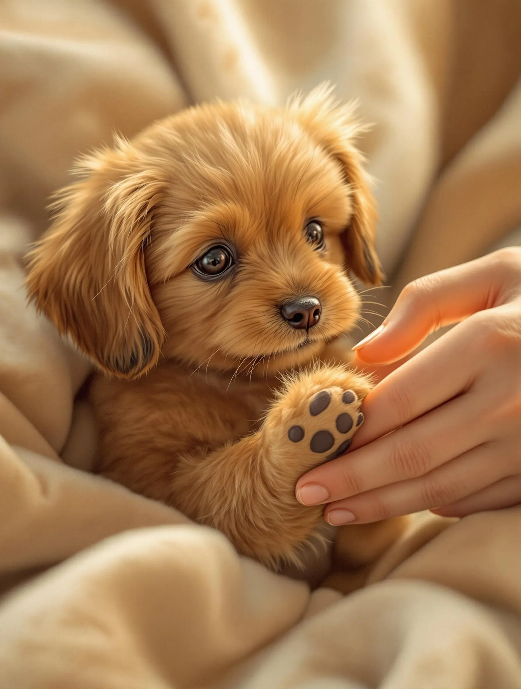 부드러운 담요 위에서 사람이 작은 강아지의 발을 조심스럽게 닦아주는 모습