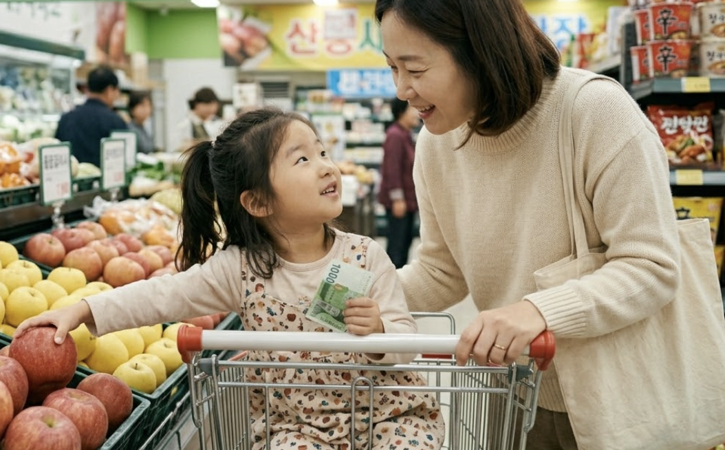 마트에서 5세 아이와 엄마가 식재료를 비교하며 '필요한 것'과 '갖고 싶은 것'을 구분하는 경제 교육 장면.