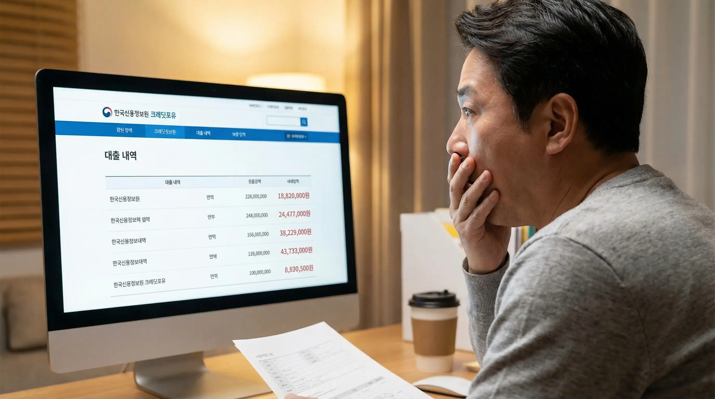 한국신용정보원 크레딧포유 사이트에서 대부업체 대출 내역을 조회하고 놀라는 사용자의 모습
