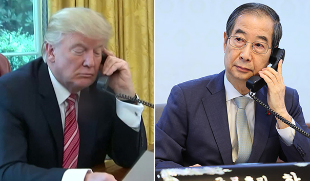 美 트럼프 대통령(좌) 과 한덕수 권한대행(우)