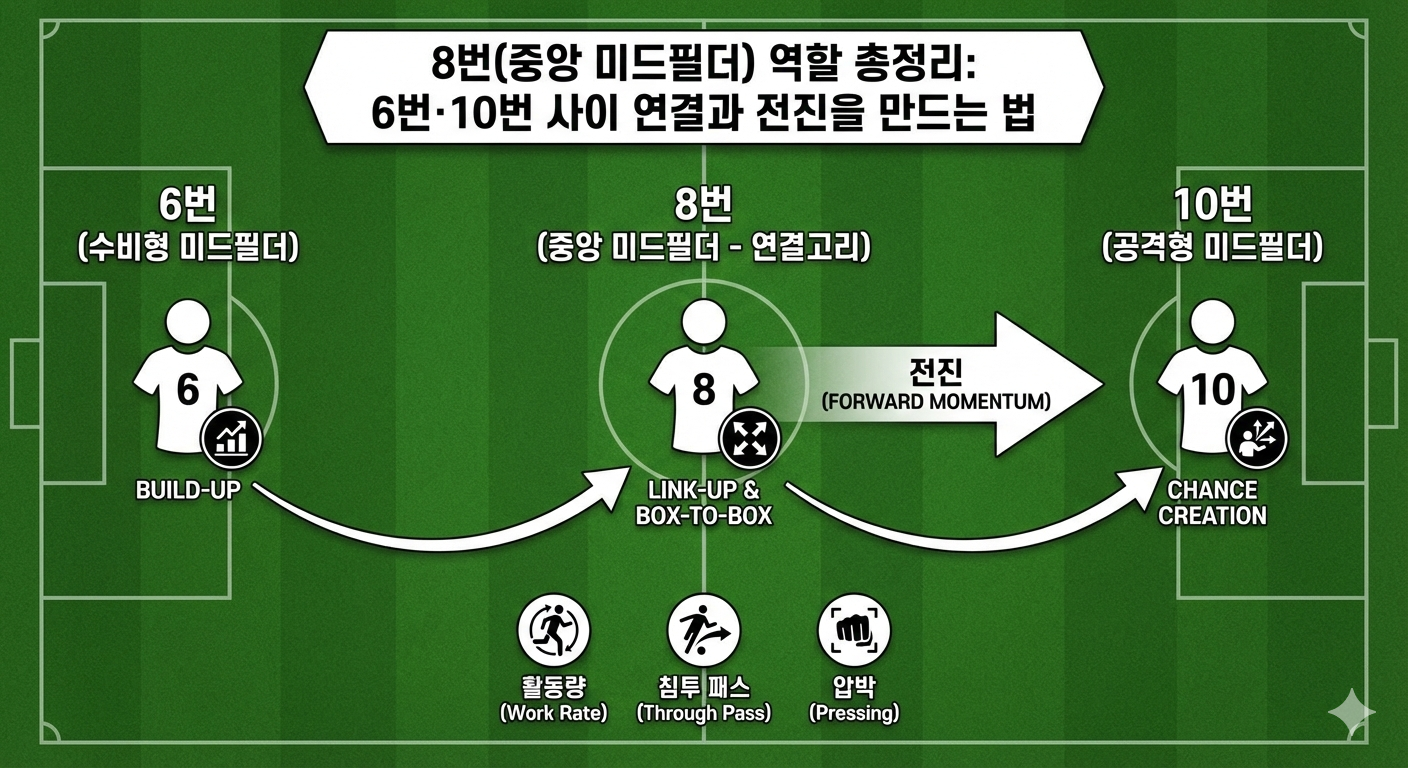 축구 전술 숫자 8번(중앙 미드필더) 역할 완전 분석: 6번(수비형)과 10번(공격형) 사이의 핵심 연결고리(Link-up) 및 전진 드리블, 볼 배급을 통한 공격 전개 원리 인포그래픽