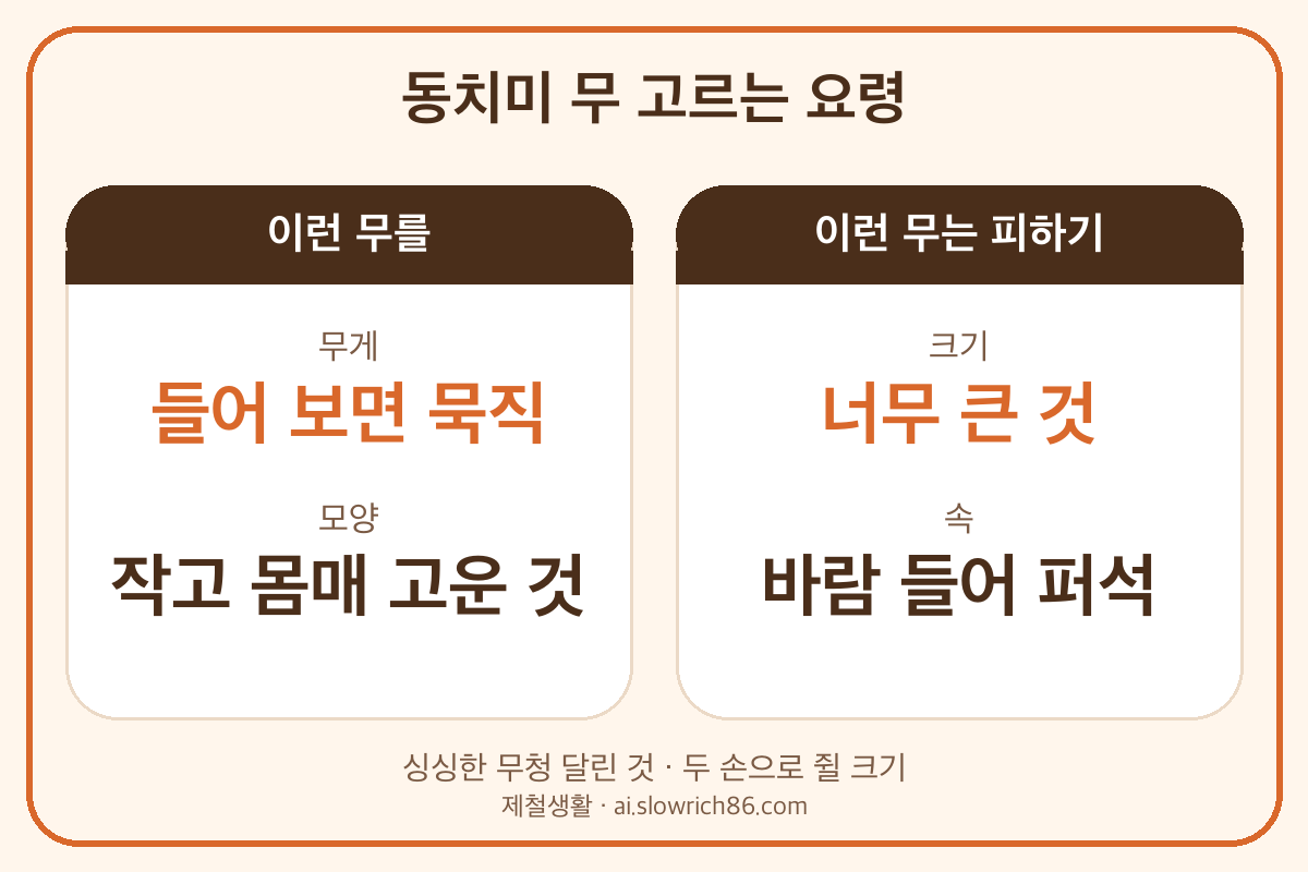 동치미 무 고르는 법 단단하고 묵직한 무 무청 달린 무 바람 든 무 피하기
