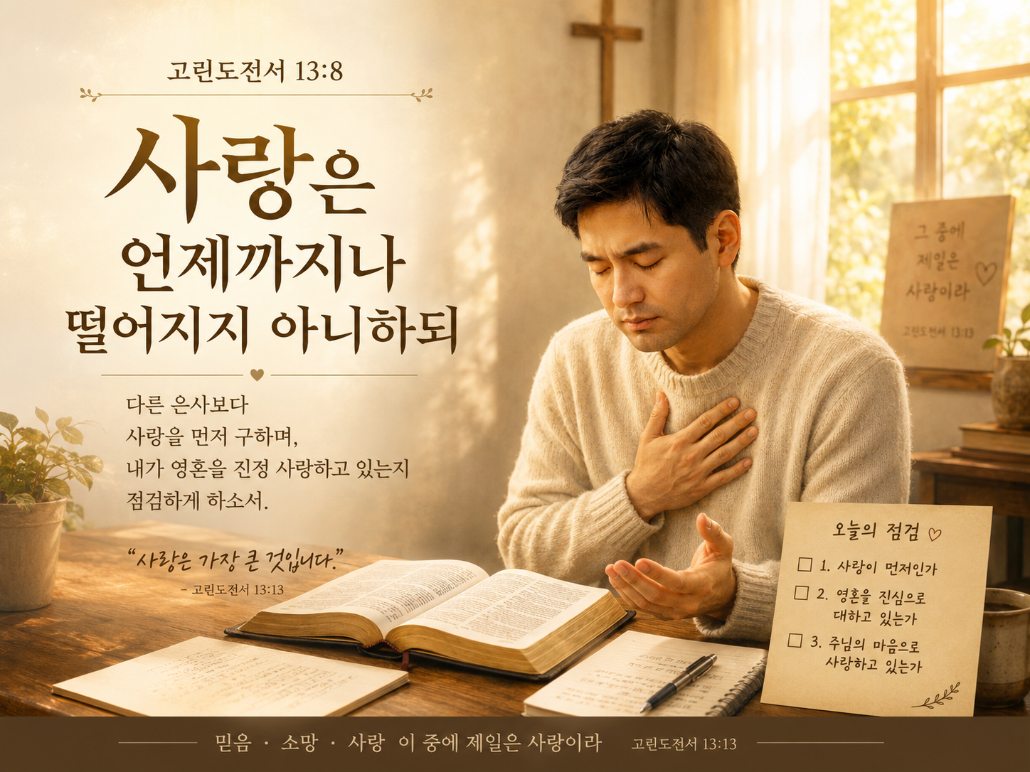 고전 13:8 말씀에서 사랑만이 끝나지 않는다는 것을 기억하며 다른 은사를 사모하기 보다 사랑을 이해하고 영혼에 대해 진정 사랑하는 마음을 가지고 있는지를 점검하려는 시도를 하는 모습입니다.