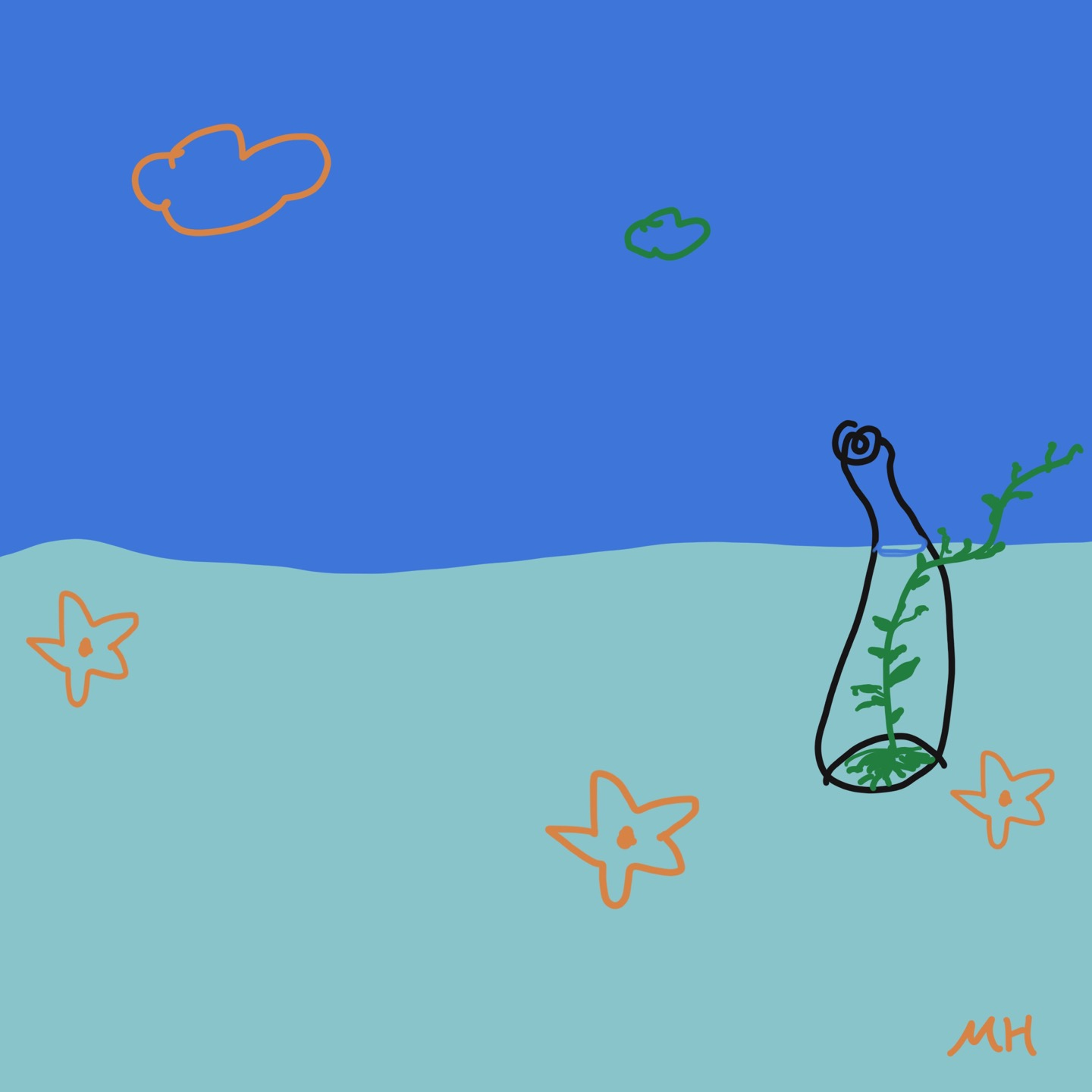 바다가에 떠있는 빈병 그림