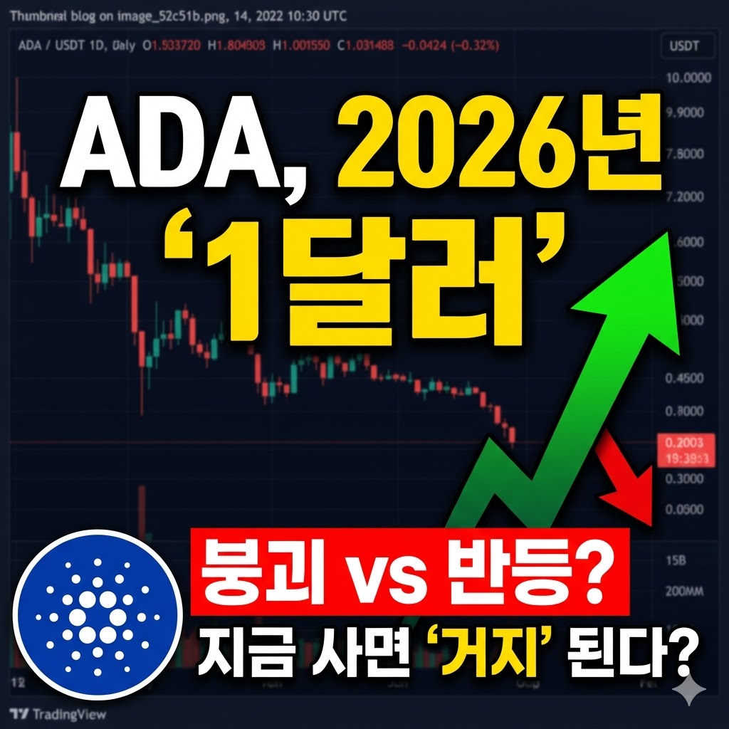 2026년 ADA(카르다노) 코인 가격 전망 및 기술적 분석 썸네일. 어두운 차트 배경 위에 카르다노 로고와 함께 "0.2480 붕괴 vs 반등?"이라는 문구가 굵은 레드로 강조되어 있다. 상단에는 "지금 사면 거지 된다? 세력의 마지막 지지선 공개"라는 클릭 유도형 메인 카피가 노란색과 흰색으로 적혀 있어, ADA 투자자들에게 0.2480 USDT 구간의 중요성과 실전 단타 매매 전략을 시각적으로 전달한다.