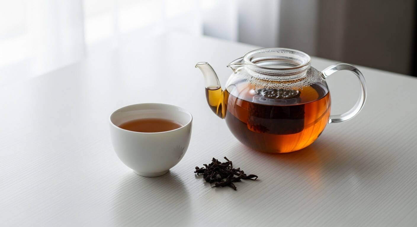 보이차 티포트와 찻잔 옆에 놓인 보이차 원물과 함께 따뜻하게 우려낸 보이차 한 잔