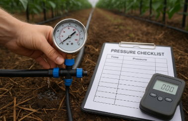 비닐하우스 안에서 점적관 수압을 게이지로 측정하는 손과 옆에 압력 체크리스트 및 디지털 측정기가 놓여 있는 장면.
