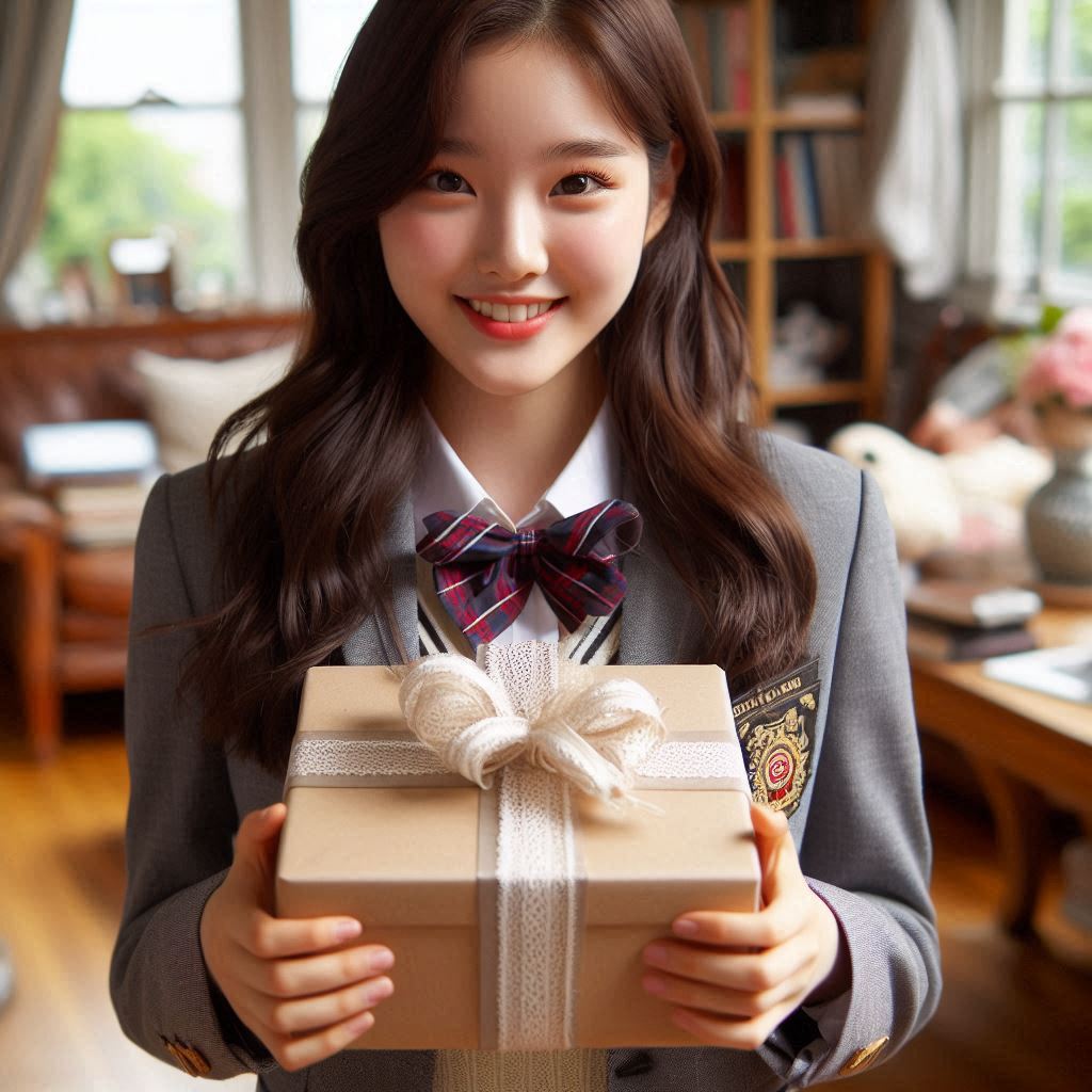 선물을 받고 좋아하는 17살 한국 여자 고등학생