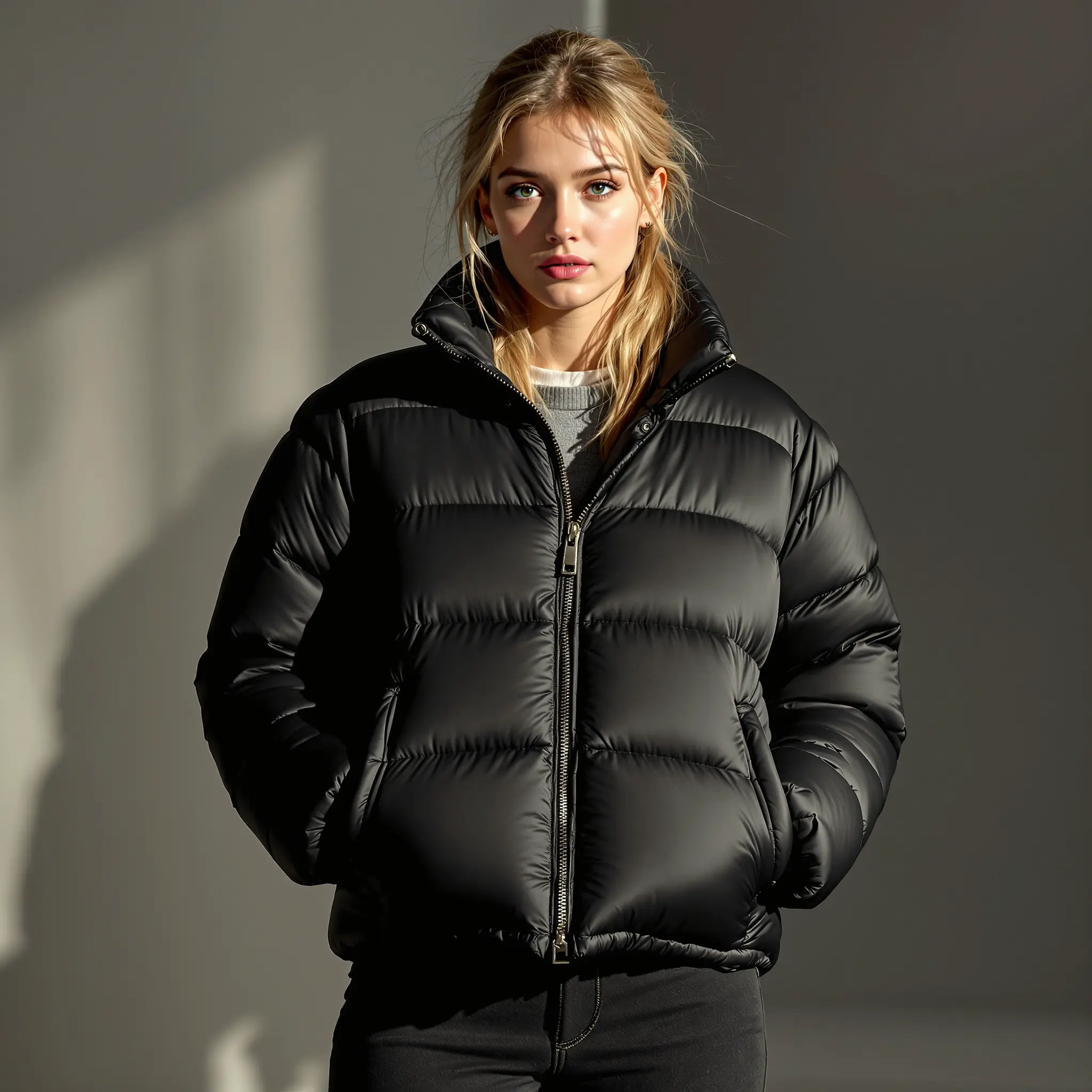 블랙 기본형 패딩이 무릎 위 길이로 정돈된 모습