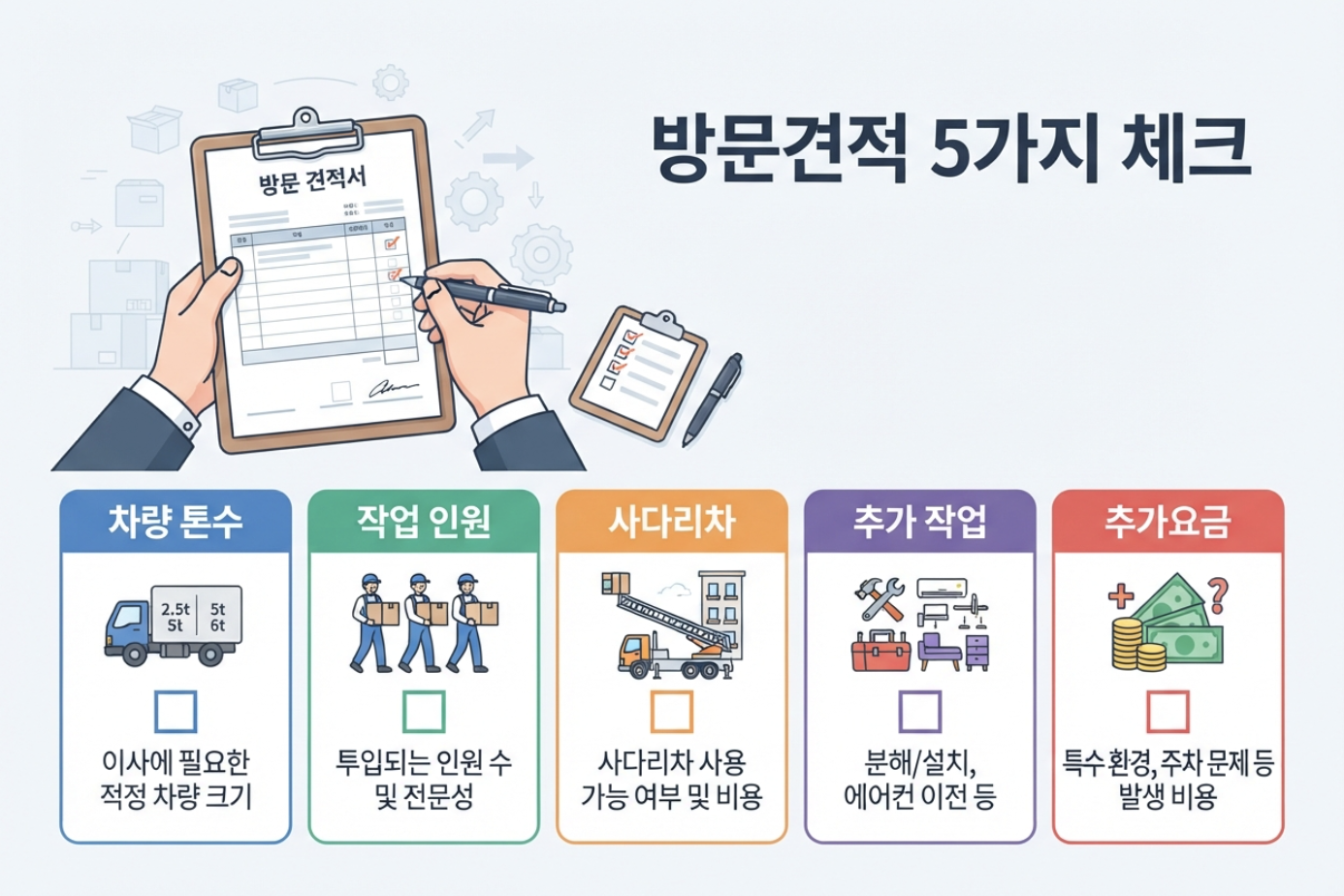 이사 방문견적에서 차량 인원 사다리차 추가비용을 확인하는 체크리스트