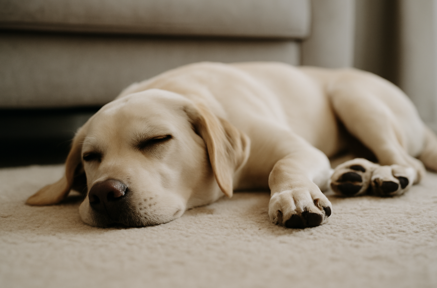 부드러운 카펫 위에서 평화롭게 잠든 연크림색 래브라도 리트리버.