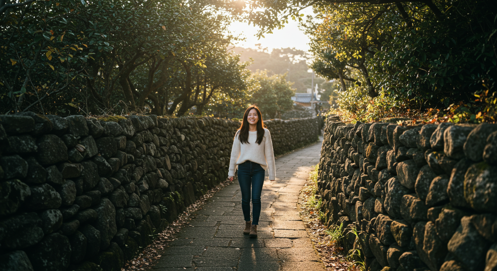 제주 숨은 동네 돌담길을 산책하며 즐거워하는 한국인 여성