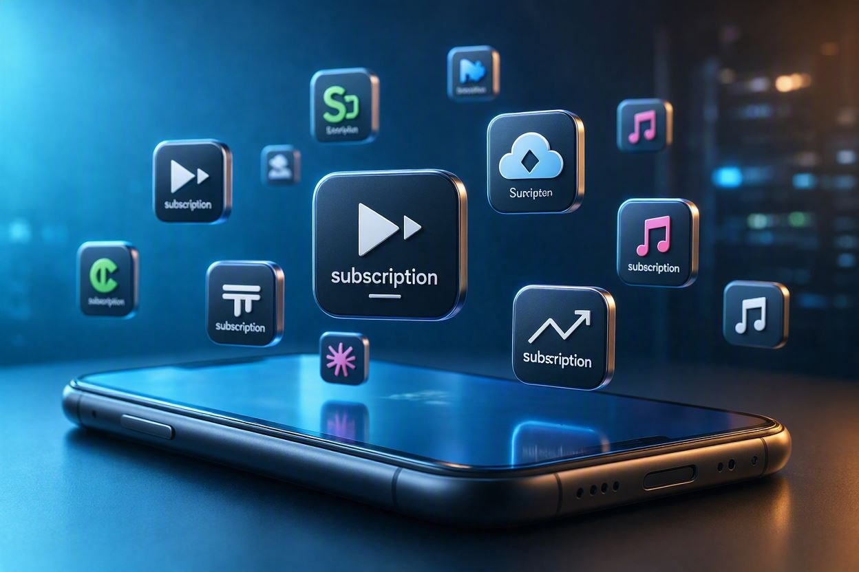 Digital subscription logos and icons hovering around a smartphone screen.