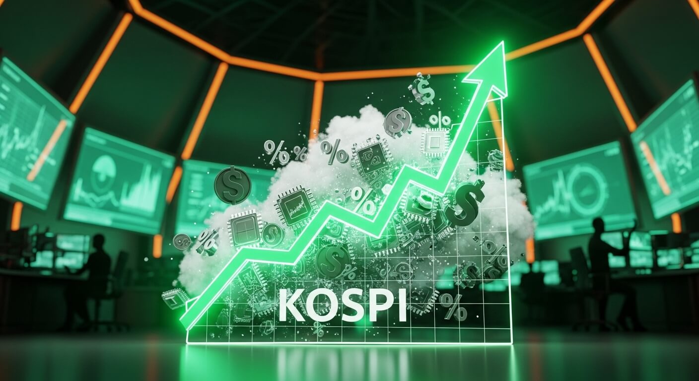 코스피가 오르는 그래프가 있고 뒤에는 주식모니터가 즐비하다