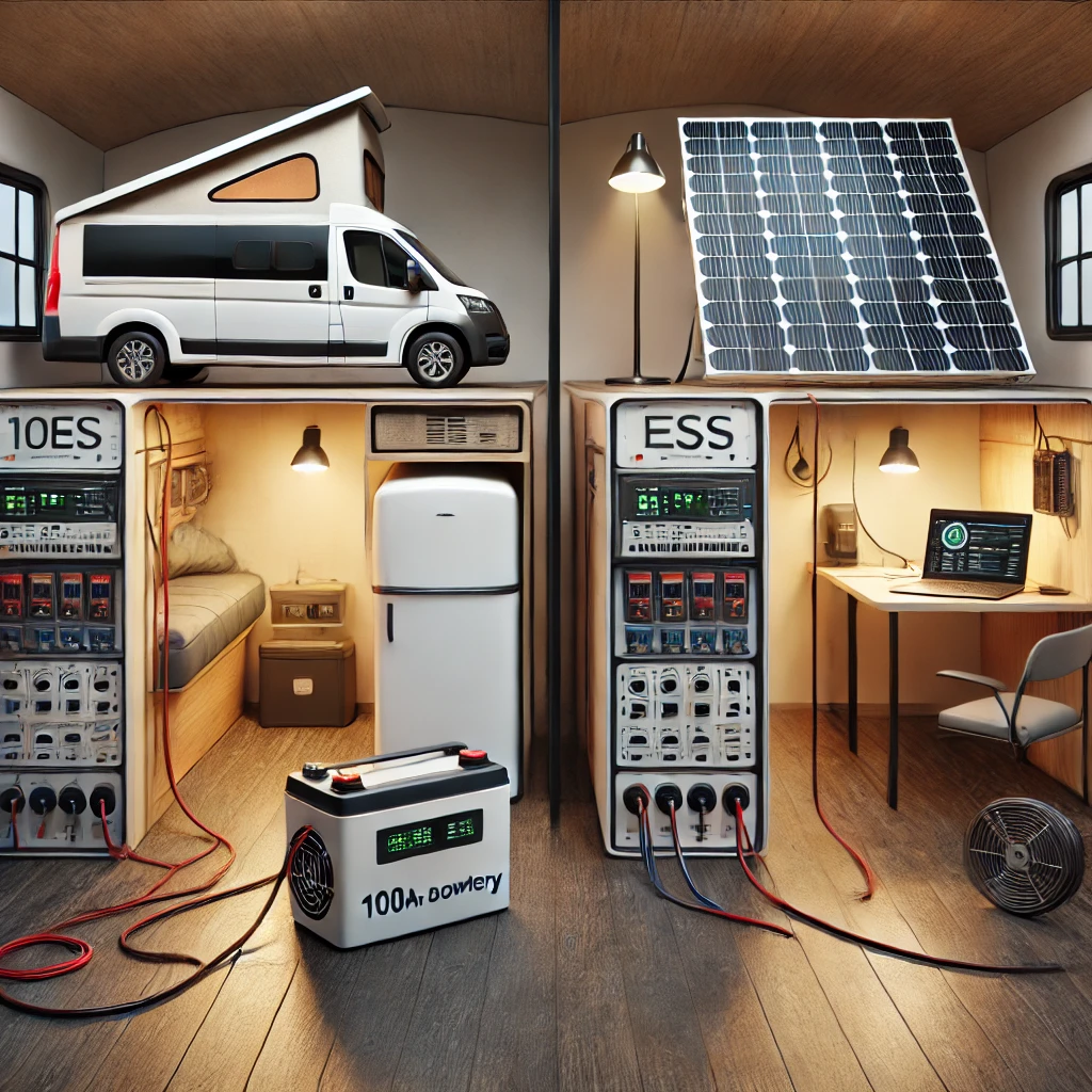 ESS 전력 시스템이 캠핑카와 실내 환경에서 각각 작동 중인 장면 – 태양광 패널과 인버터, 가전 연결 상태가 보이는 이중 셋업