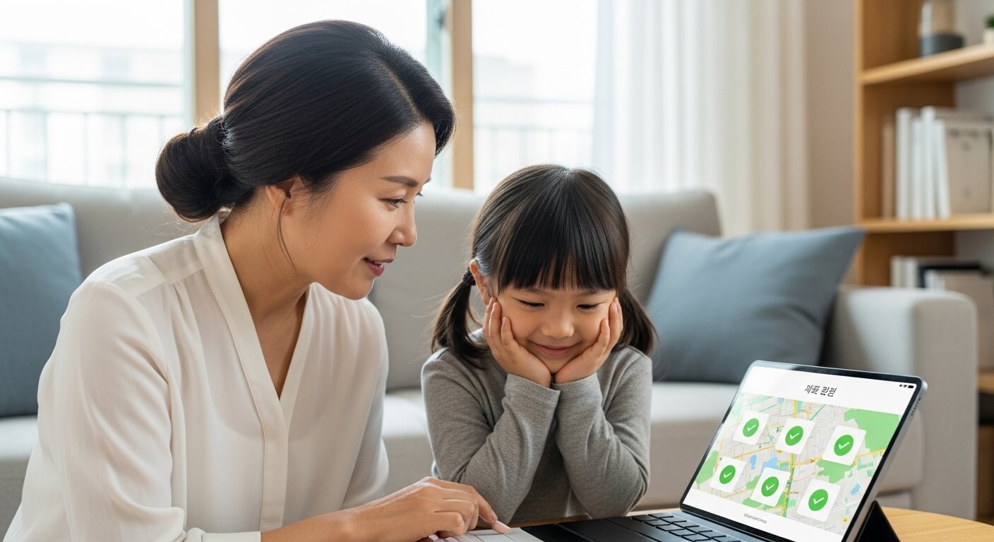 아이돌봄 서비스 돌보미와 아이가 함께 있는 모습, 아이의 행복한 표정과 보호자의 신뢰감이 느껴지는 장면