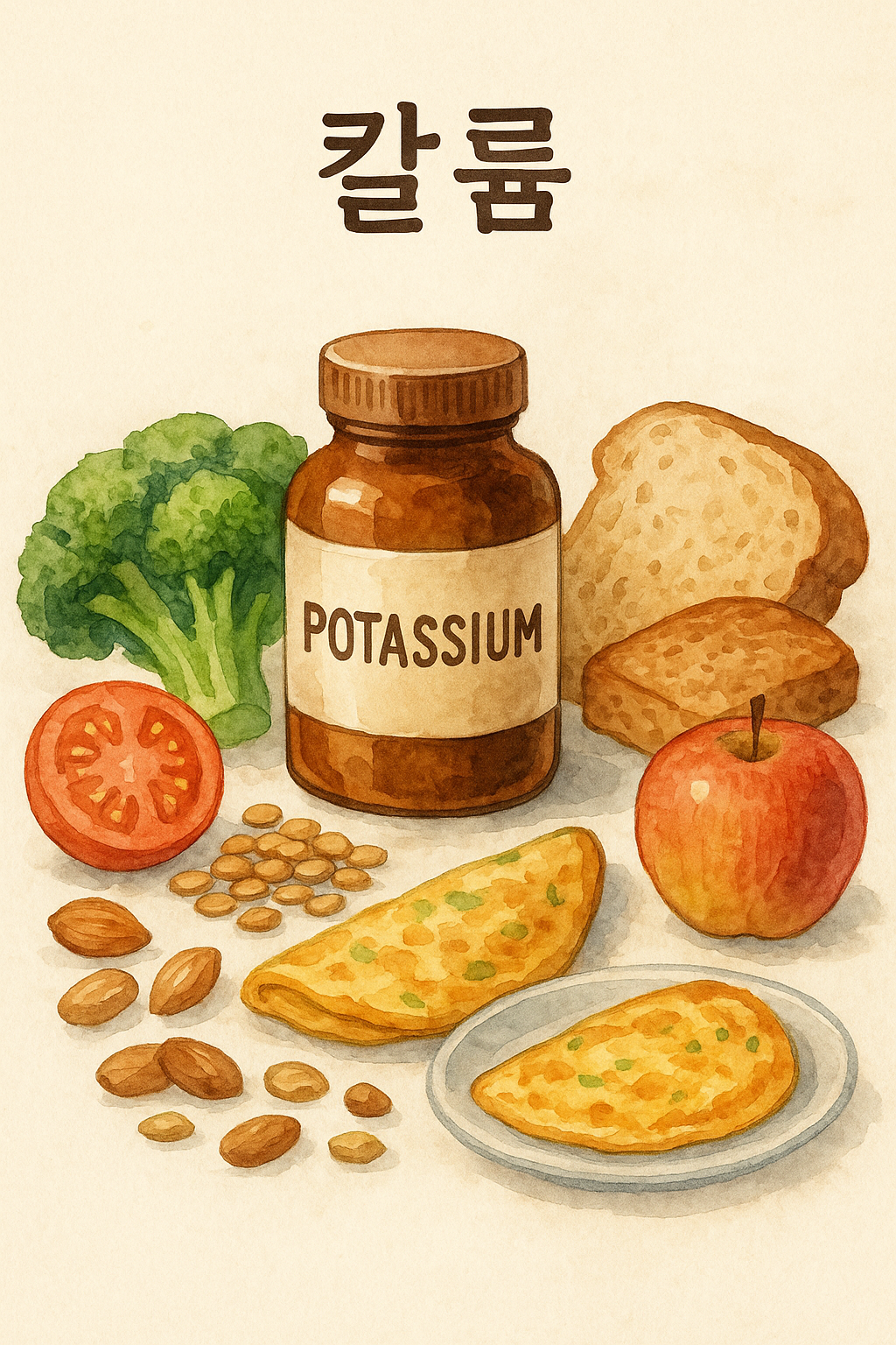 칼륨이 풍부한 식품으로 브로콜리, 토마토, 바나나, 통곡물 빵, 사과, 렌틸콩, 아몬드, 오믈렛이 있다.