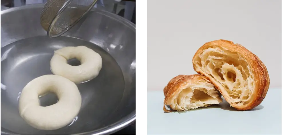 베이글, 베이글 젤라틴, 반죽 데치기, 전분 젤라틴화, 전분 코팅, 크루와상, 크로아상, 크루아상, 버터 층, 빵 층, 글루텐 형성