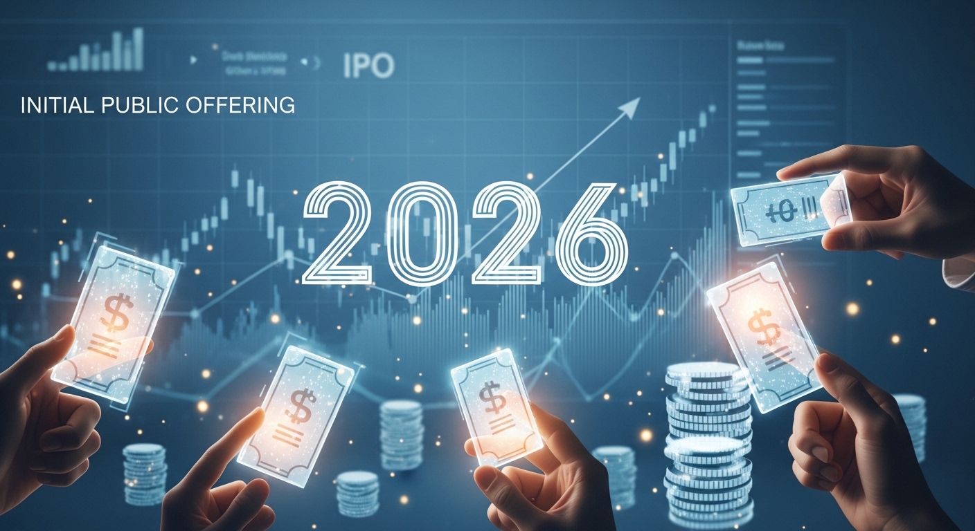 2026년 공모주 투자의 성공적인 기회를 상징하는 이미지. 주식과 이익을 나타내는 디지털 요소에 손을 뻗는 모습과 상승하는 그래프가 배경에 있습니다.