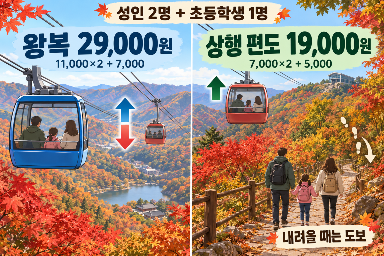 성인 두 명과 초등학생 한 명의 왕복 29000원과 상행 편도 19000원 비교