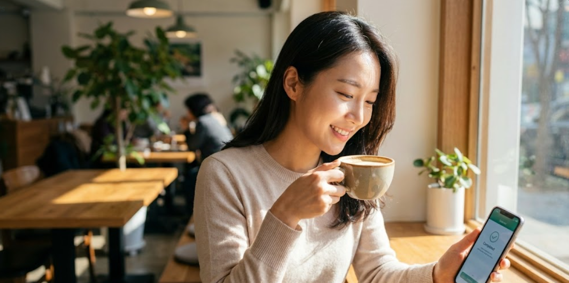 밝게 웃는 여성이 카페에서 스마트폰으로 편리하게 서비스를 이용하는 모습