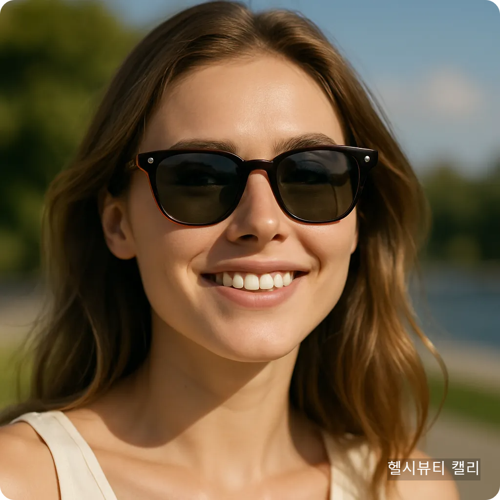 햇살을 받으며 웃고 있는 여성의 클로즈업