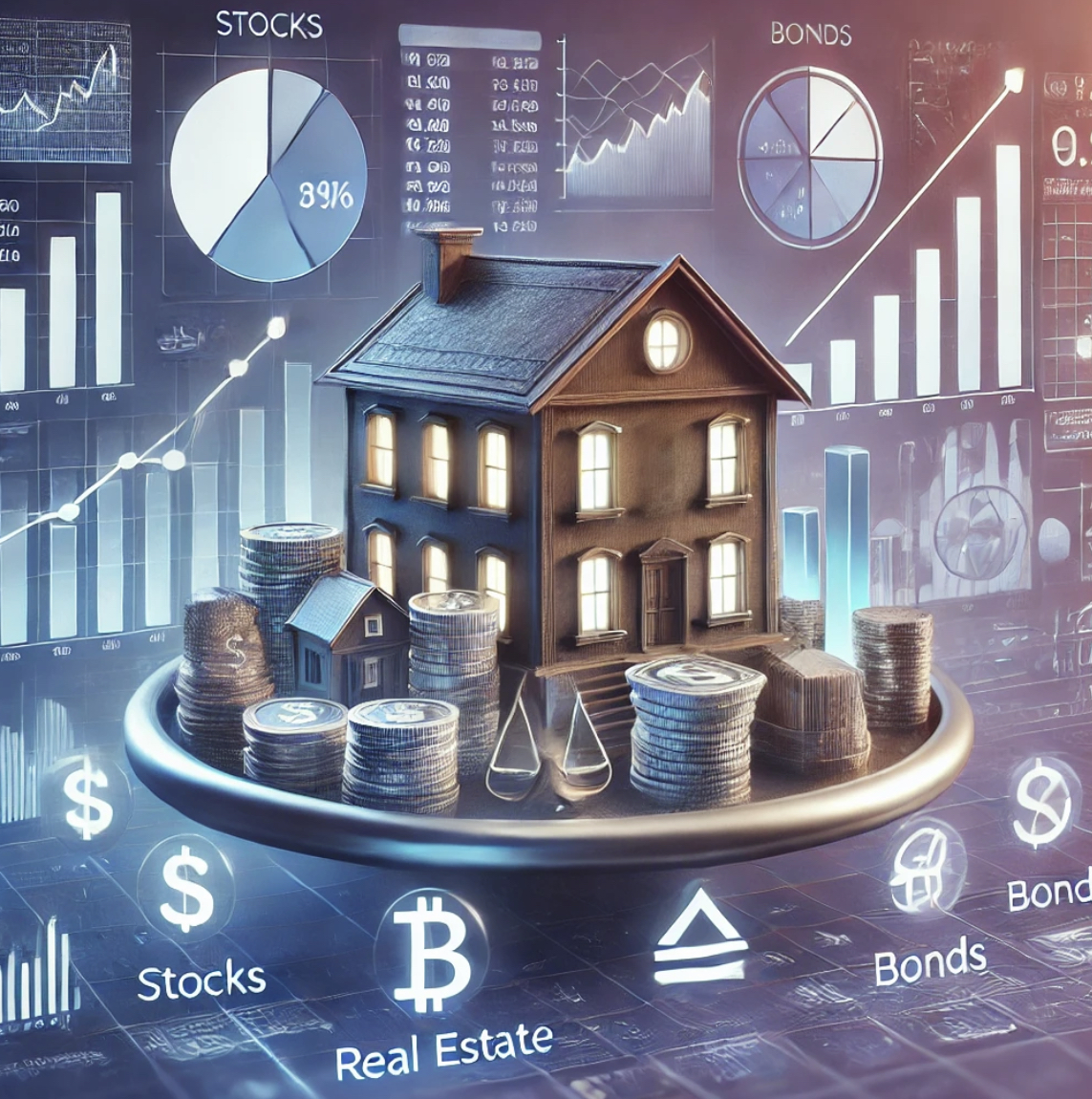 집, 돈, 주식을 나타내는 사진