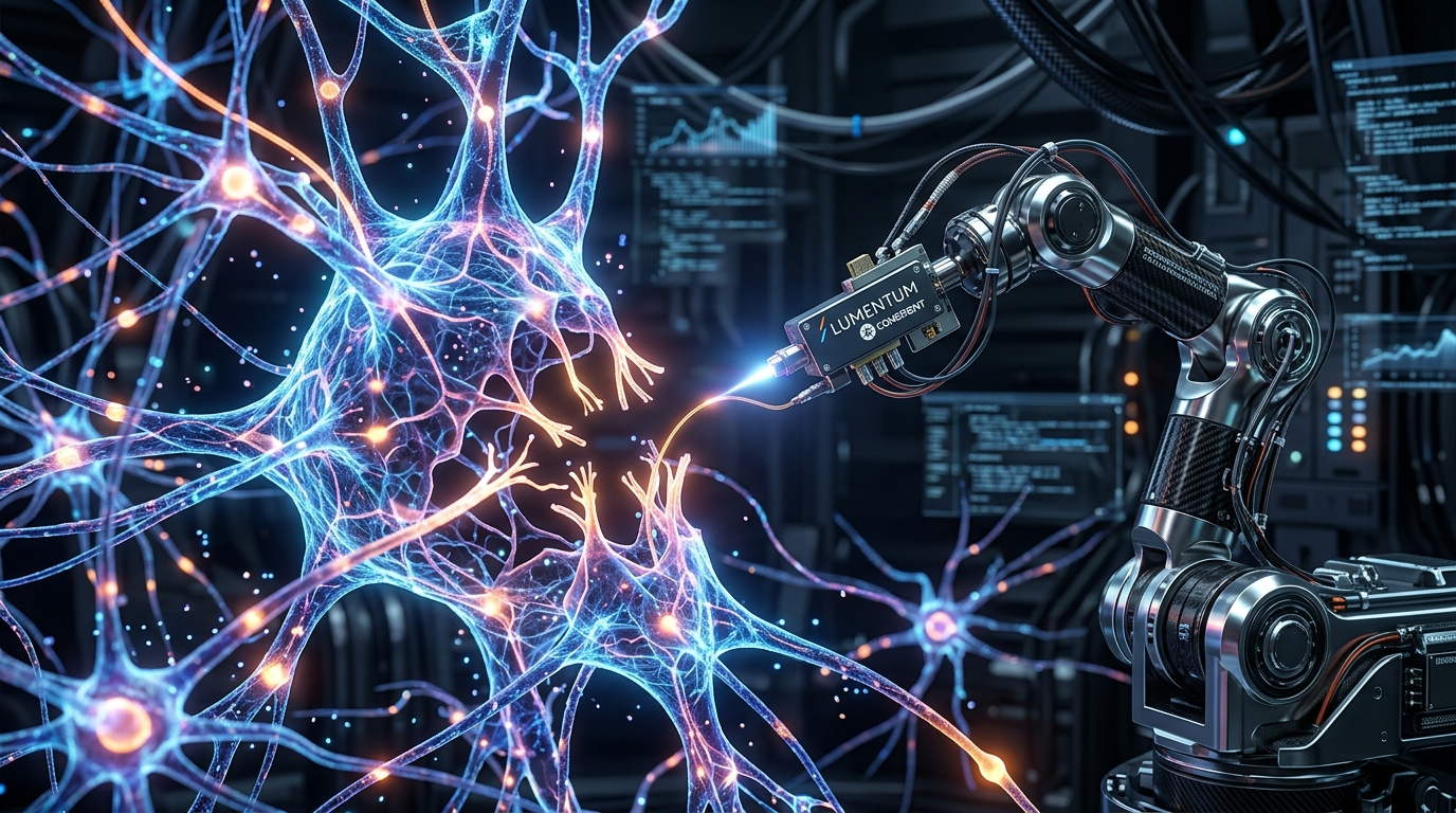 거대한 AI 유기체의 신경망을 루멘텀과 코히런트라는 정교한 광섬유 부품들이 촘촘하게 수선하며 데이터가 원활하게 흐르게 만드는 따뜻한 느낌의 3D 일러스트