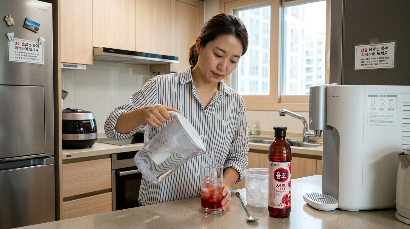 산성 성분으로부터 치아와 위장을 보호하기 위해 물에 희석된 음료