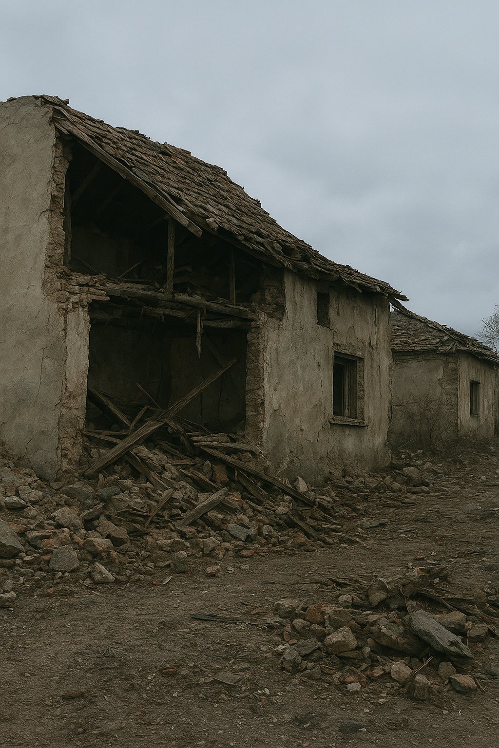재난지역의 무너진 주택과 잔해가 흩어진 거리