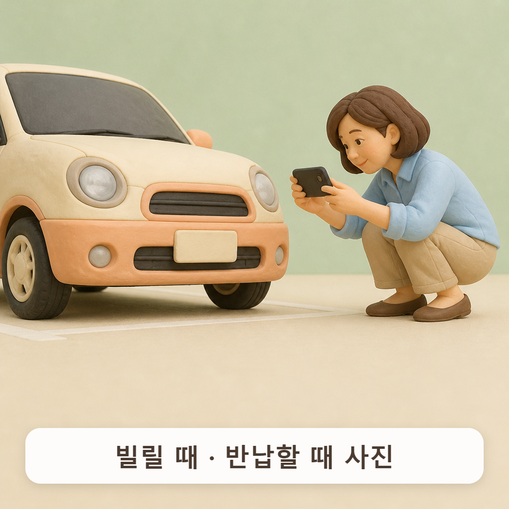 주차장에서 렌터카 범퍼를 휴대폰으로 촬영하는 사람