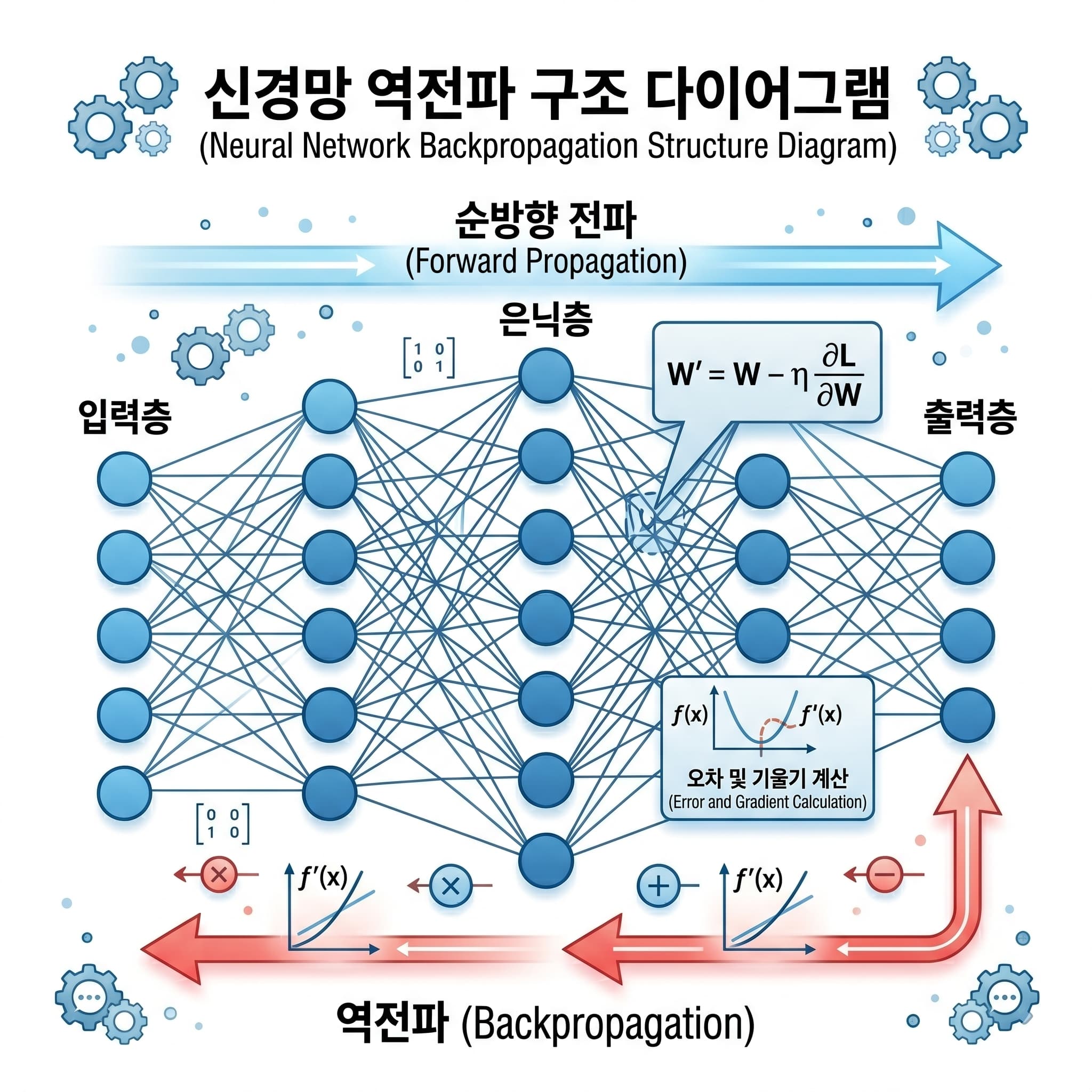 신경망에서 순전파와 역전파 방향을 화살표로 표시한 역전파 구조 다이어그램