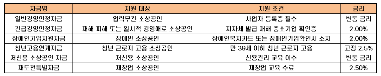소상공인정책자금 종류 지원대상