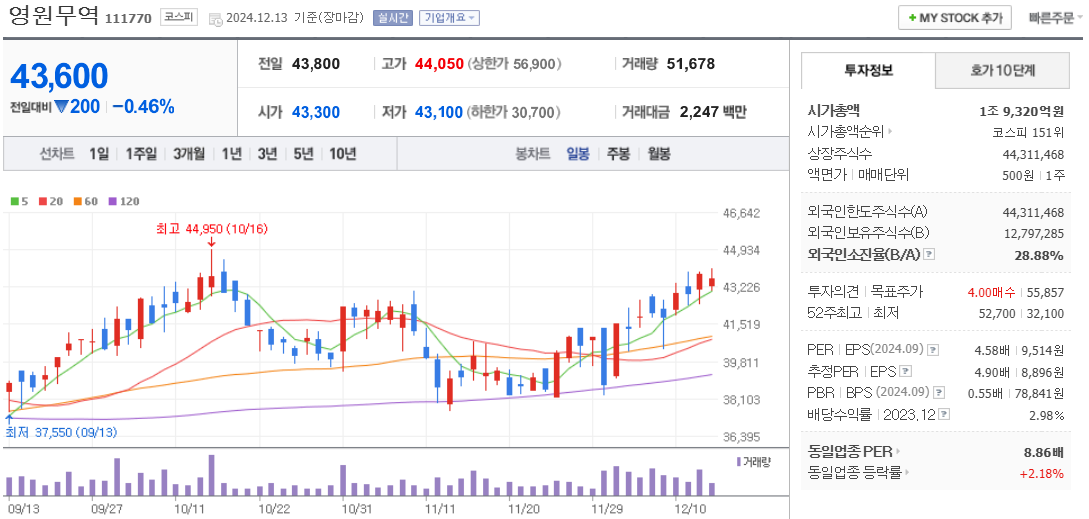 겨울 관련주 영원무역 주가 차트