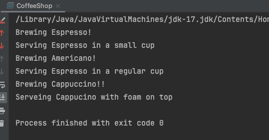 Coffee Shop Factory Method Pattern Execution Result