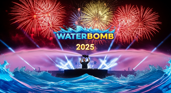 워터봄 2025 라는 큰 텍스트가 보이고 그 배경으로 불꽃놀이를 연상케 하는 폭죽이 터지고 있습니다. 무대를 중심으로 앞쪽에는 워터를 강조하기 위해 바닷물이 일렁이고 있는 모습입니다.