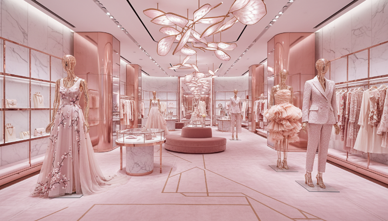 다양한 럭셔리 브랜드가 진열된 화려하고 세련된 명품 편집숍 내부 모습